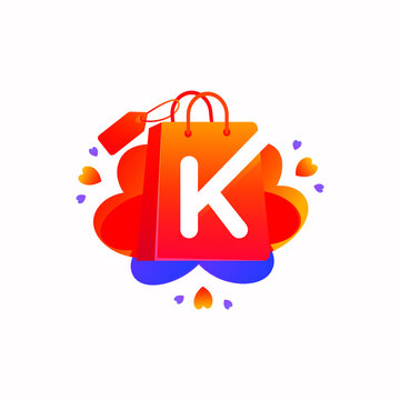 K letter with love shopping bag icon and Sale tag vector element design. K alphabet illustration template for corporate identity, Special offer tag, Super Sale label, sticker, poster etc.