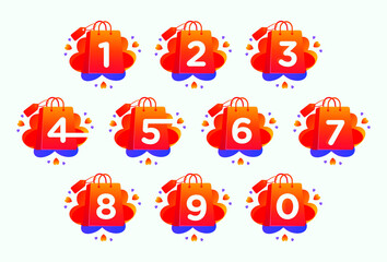 Numbers set with love shopping bag icon and Sale tag vector element design. Numerical set illustration template for corporate identity, Special offer tag, Super Sale label, sticker, poster etc.