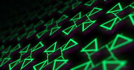 Abstract background with green neon glowing triangles. Futuristic style. 3D illustration