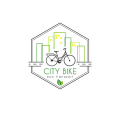 Ecological transport, bicycle flat linear icon on a green linear city background.