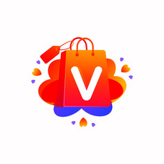 V letter with love shopping bag icon and Sale tag vector element design. V alphabet illustration template for corporate identity, Special offer tag, Super Sale label, sticker, poster etc.