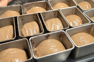 Bread dough in a black metal baking dish on a kitchen countertop. Rye-free rye bread