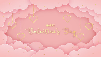 Happy Valentine's Day greeting card in paper cut style. Gold hearts and paper clouds on pink background.