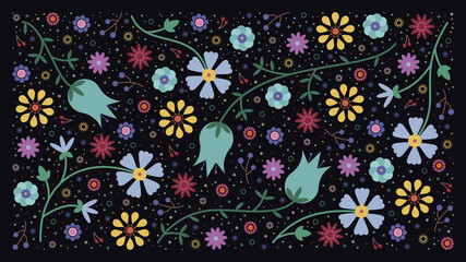 Floral Design. Cute Simple Flowers on Dark Background. Colorful Abstract Plants. Botanical Wallpaper. Print for Fashion, Packaging
