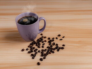 Hot brewed coffee in the same old cup, giving you an old feel surrounded by freshly roasted coffee beans.