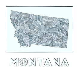 Sketch map of Montana. Grayscale hand drawn map of the us state. Filled regions with hachure stripes. Vector illustration. - obrazy, fototapety, plakaty