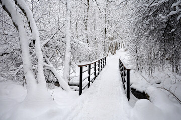 Old park after snowfall, bridge and path leading through the creek. Snow covered trees in winter, picturesque landscape