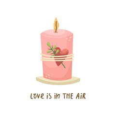 Vector illustration of a pink candle decorated with a heart and a branch of a plant. Illustration for Valentine's Day.
