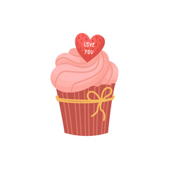Vector illustration of cupcakes with pink cream and a heart for decoration. Illustration for Valentine's Day.