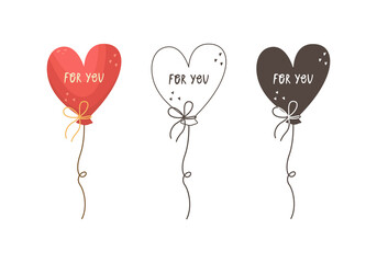 Set of vector illustrations of a heart-shaped balloons. Illustration for Valentine's Day in outlines, flat and simple style.