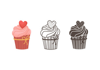 A set of vector illustrations of cupcakes with cream and a heart for decoration. Illustration for Valentine's Day in outlines, flat and simple style.