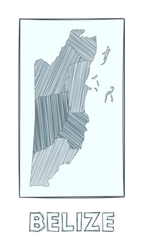 Sketch map of Belize. Grayscale hand drawn map of the country. Filled regions with hachure stripes. Vector illustration.