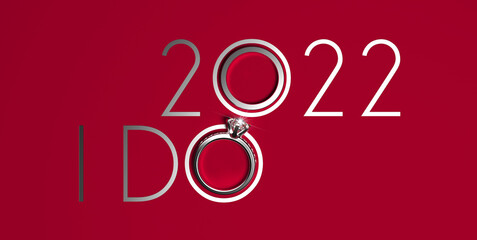 Elegant 2022 New Year design template with luxury diamond engagement and wedding rings on a red background. Creative 3D render illustration for a calendar, greeting card or banner.
