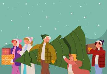 family with christmas tree and gift