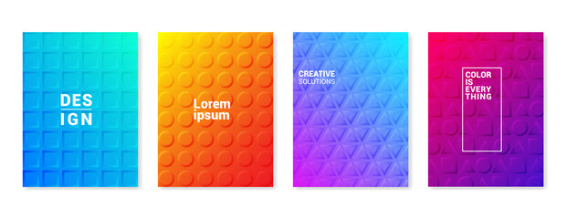 Minimal covers set. Vector halftone gradients. Geometric future template for flyer, poster, brochure and invitation. Minimalistic colorful cover. Game. Set of EPS 10 illustration.