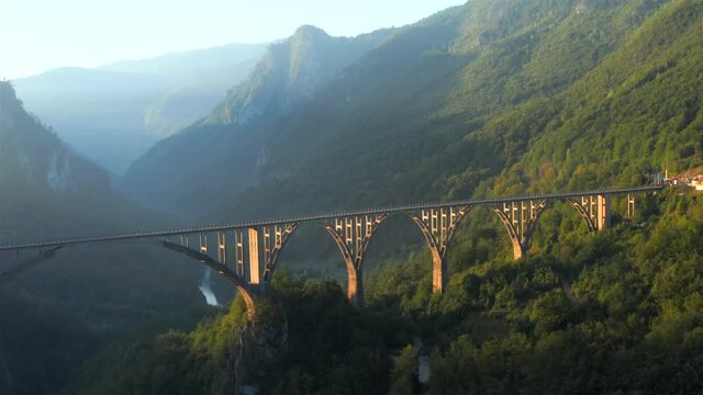 Djurdjevic Bridge, Tara River Canyon, Montenegro.  Aerial view.