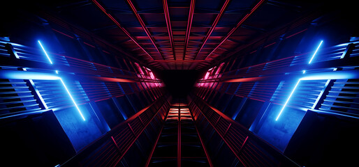 Triangle Neon Laser Fluorescent Purple Red Blue Glowing Sci Fi Futuristic Warehouse Hangar  Spaceship Realistic Showroom Steel Metal Frame Corridor Tunnel Dark Underground Basement 3D Rendering