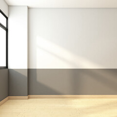 Minimalist empty room with white and grey wall, wood floor. 3d rendering