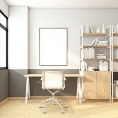 Minimalist workspace room with table and chair, shelf and cabinet, white picture frame. 3d rendering