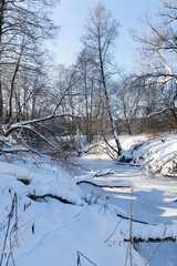 Fototapeta na wymiar a small river whose water is frozen in winter