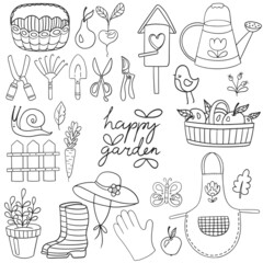 A set of vector linear images on the theme of gardening in a children's cartoon style.
