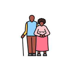 Fototapeta na wymiar Afro american elderly couple olor line icon. Different stages person's life.