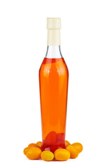 Kumquat liqueur and fresh berries isolated on a white background