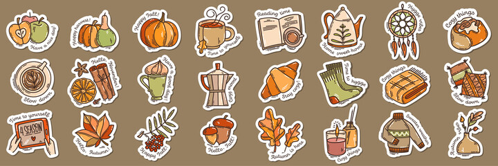 Set of color hand-drawn autumn hygge mood vector illustrations in doodle style. Cozy cute cartoon collection isolated on white background for seasonal decoration.
