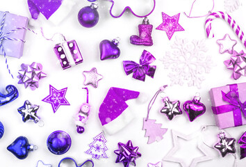 Background of Christmas tree balls, wooden toys and other items. Abstract holiday background.