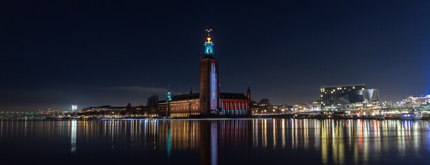 Stockholm city hall at night from Riddarholmen.