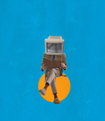 Retro style design. Contemporary art collage of man with vintage computer head reading isolated...