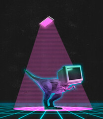 Contemporary art collage of retro dinosaur with old computer screet isoated over dark neon...