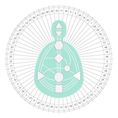 Mandala human design with bodygraph and gates numbers. For presentation, educational materials. Green, black and white vector illustration