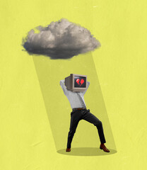 Contemporary art collage of man in a suit with retro computer head standing under gray rainy cloud isolated over yellow background