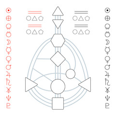 Human design bodygraph template vector illustration with channels, gates, centers, planet signs. For filling personal data, for education and practical use.