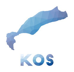 Low poly map of Kos. Geometric illustration of the island. Kos polygonal map. Technology, internet, network concept. Vector illustration.