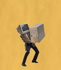 Contemporary art collage of man with retro computer head carrying heavy system unit isolated over yellow background