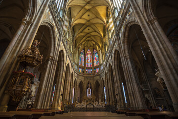 Prague, Czech Republic, June 2019 -  inner view of the famous St. Vitus Cathedral 	
