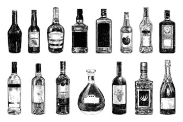 Collection of monochrome illustrations of alcoholic drinks in sketch style. Hand drawings in art ink style. Black and white graphics.