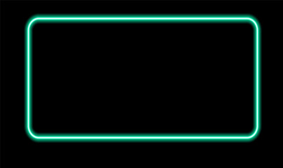 turquoise neon rectangle. abstract frame horizontal rectangle with rounded corners glows green in the dark, with empty space for text on a black background