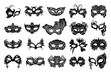 Collection of black and white carnival masks with patterns and lace.