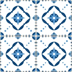 Gordijnen Mexican tile pattern seamless vector with blue and white ornaments. Portuguese azulejos, spanish ceramic, italian, venetian, moroccan. Tiled background for wallpaper texture, wrapping or fabric. © irinelle