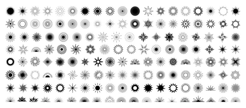 Collection of monochrome sunburst on a white background.