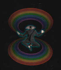 Contemporary art collage office worker, man in a suit with one eye head sitting in yoga lotus pose isolated over rainbow black background