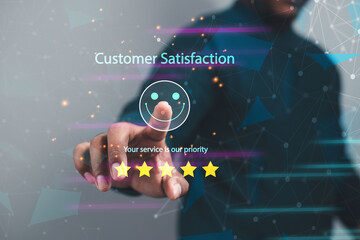 Satisfaction Survey Concept hands of business people, customer service The best 5-star business rating experience on your smartphone.
