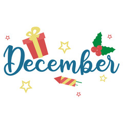 Lettering.  Month December. Gift, stars, fireworks. Vector graphic.	