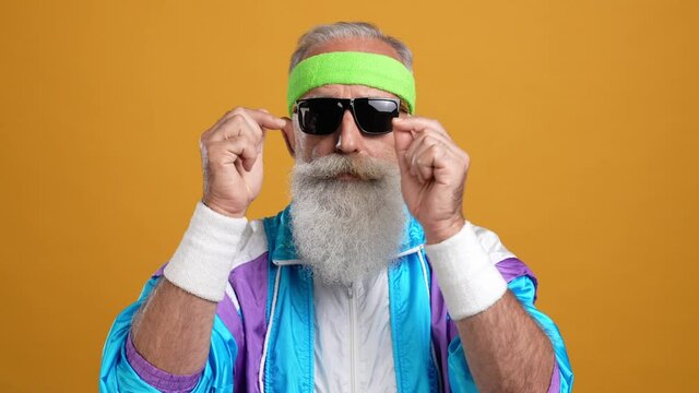 Aged coach touch specs ready win competition isolated bright color background