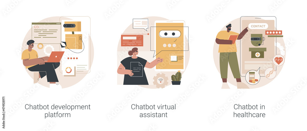 Poster smart robot abstract concept vector illustration set. chatbot development platform, virtual assistan