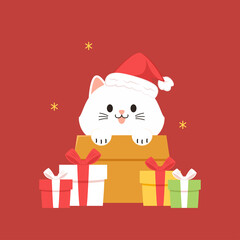 Christmas poster. Collection of Christmas cats, Merry Christmas illustrations of cute cats. Cute cat in box vector icon illustration.