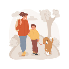 Walking a dog isolated cartoon vector illustration. Kid and parent walking a dog on a leash, walking outside together, caring for a pet, family daily routine, domestic animal cartoon vector.